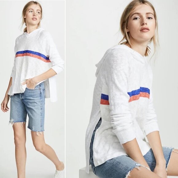 New Sundry Slit Striped Hooded White Pullover Sweatshirt NWT 0/XS - Picture 1 of 15